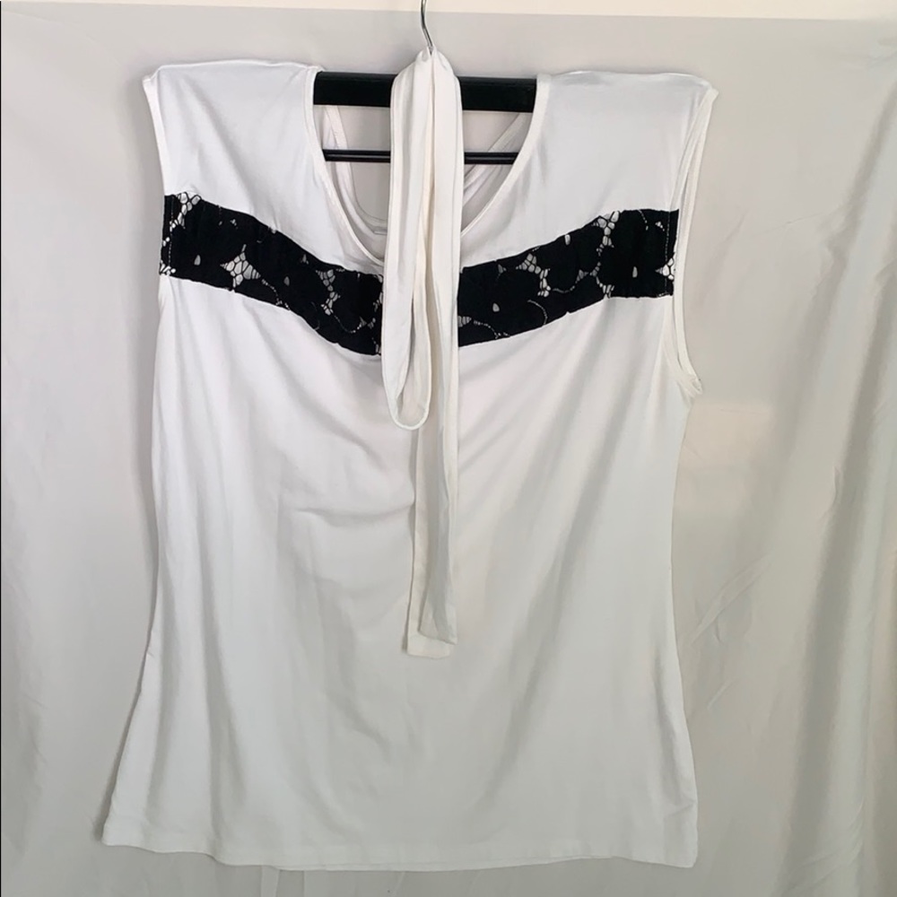 Black and White Cotton Cap Sleeve Blouse with Tie